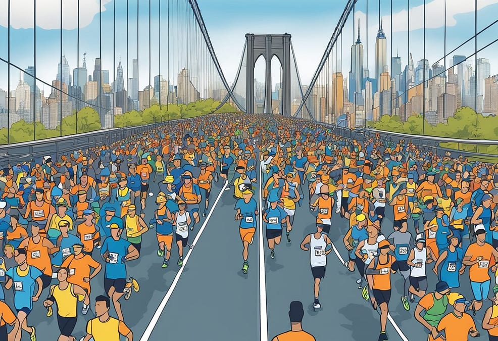 a group of people running on a bridge