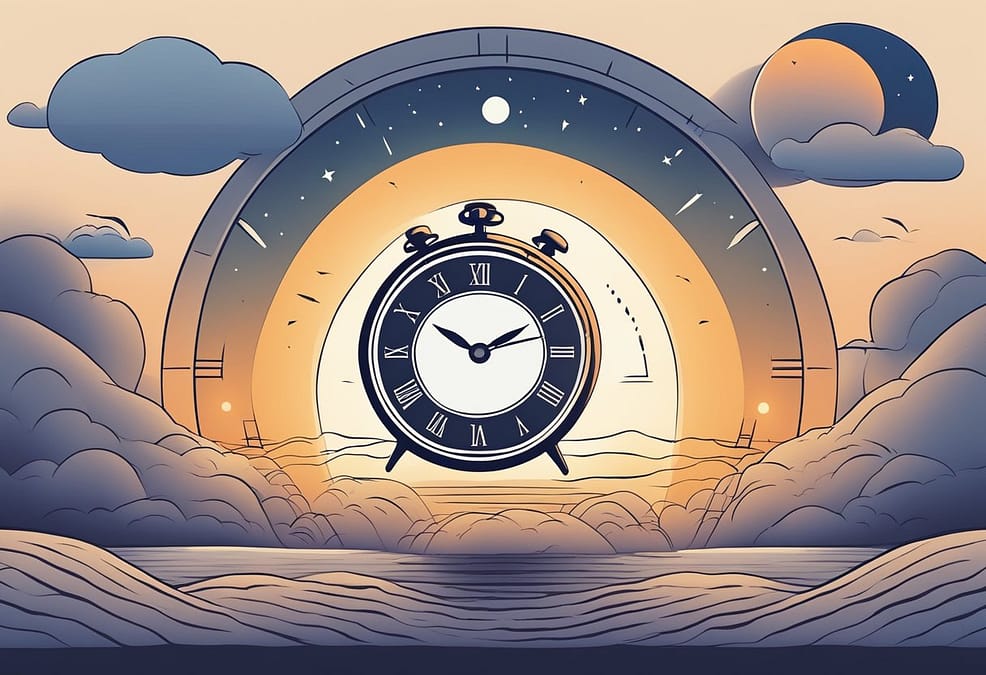 A clock with hands pointing to different times, a dimming sunset, and a rising moon to show the impact of circadian rhythms on sleep