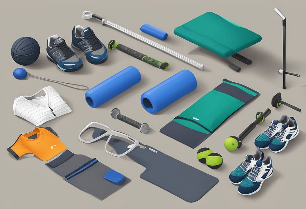 a group of different sports equipment