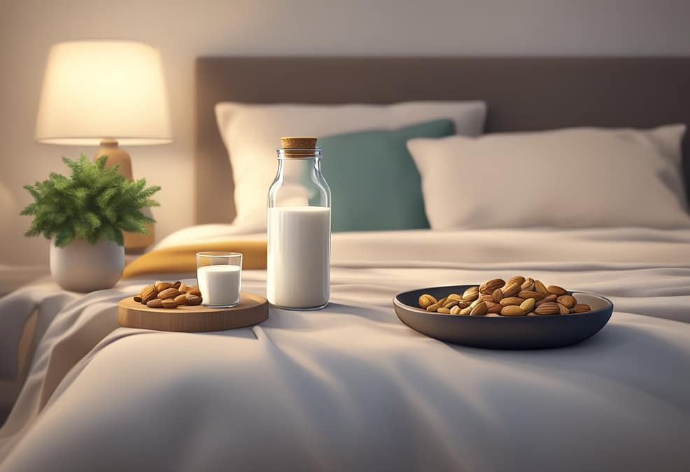 a bowl of almonds and a glass of milk on a bed