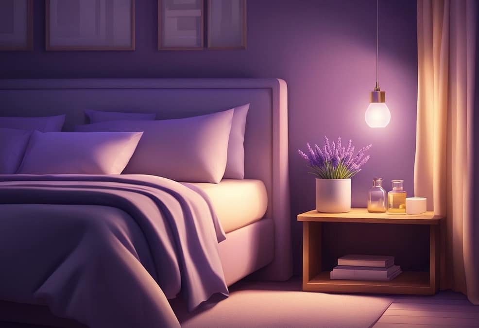 a purple bedroom with a lamp and a bed