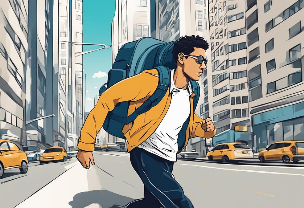 a man with a backpack walking down the street