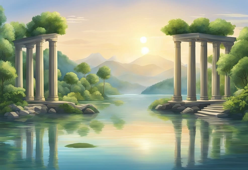 a water with pillars and trees