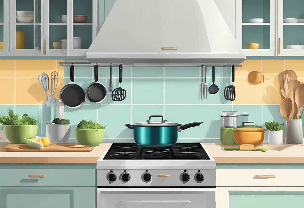 a kitchen with a pot on the stove