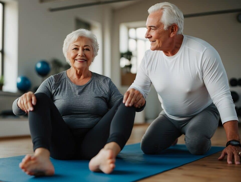 a man and woman sitting on a mat