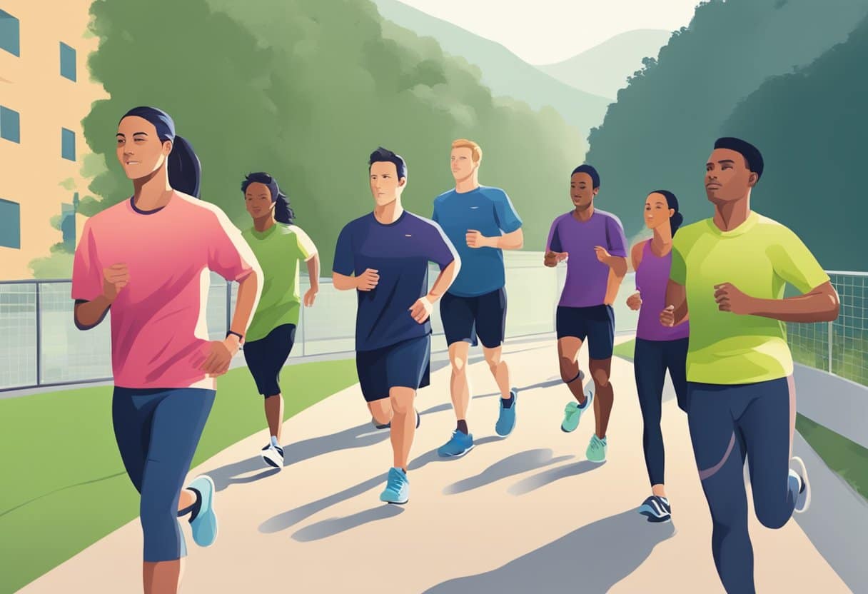 a group of people running