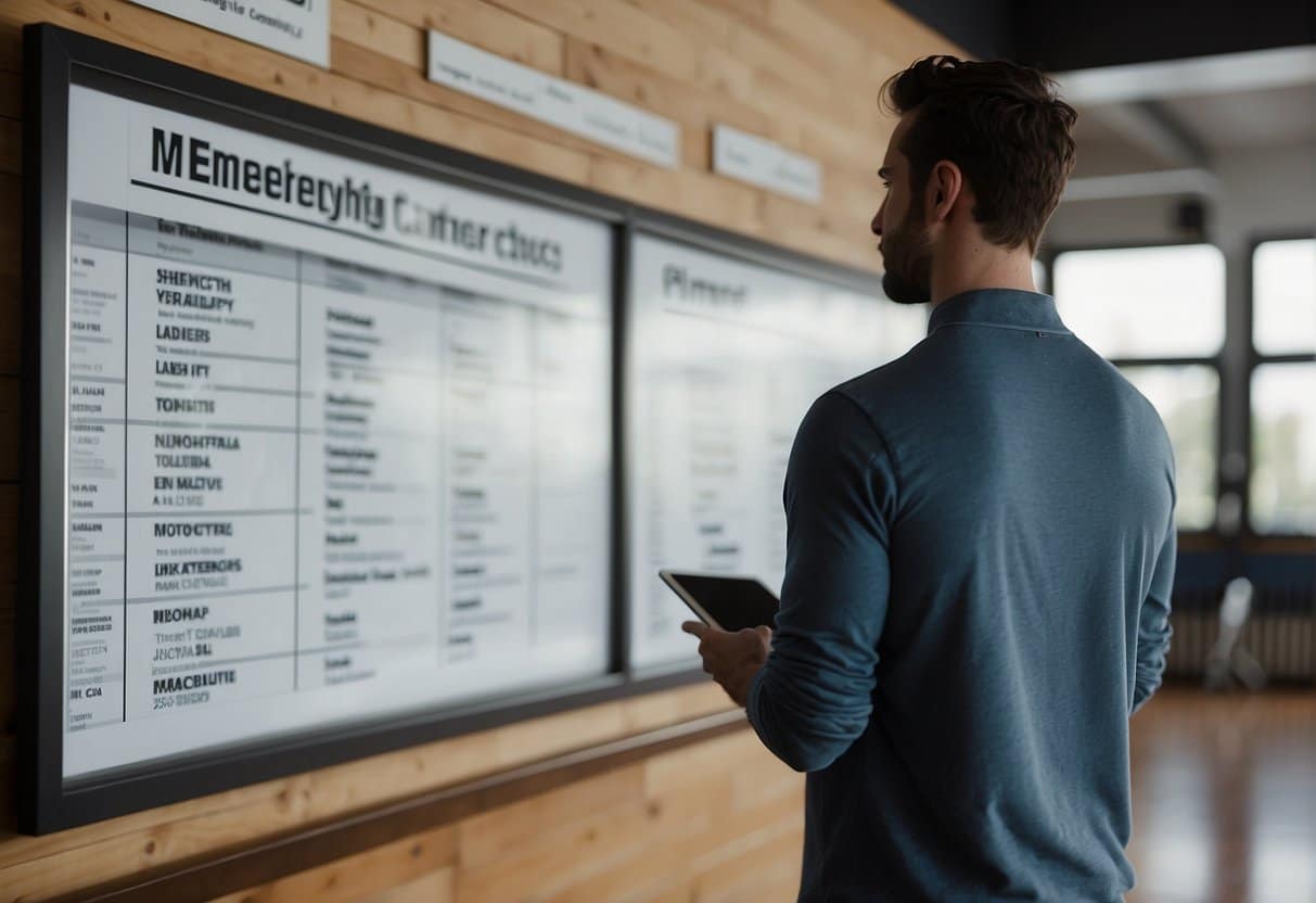 A person standing in front of a gym, looking at a sign that lists the membership options. The person is holding a pen and a notebook, appearing thoughtful and contemplative