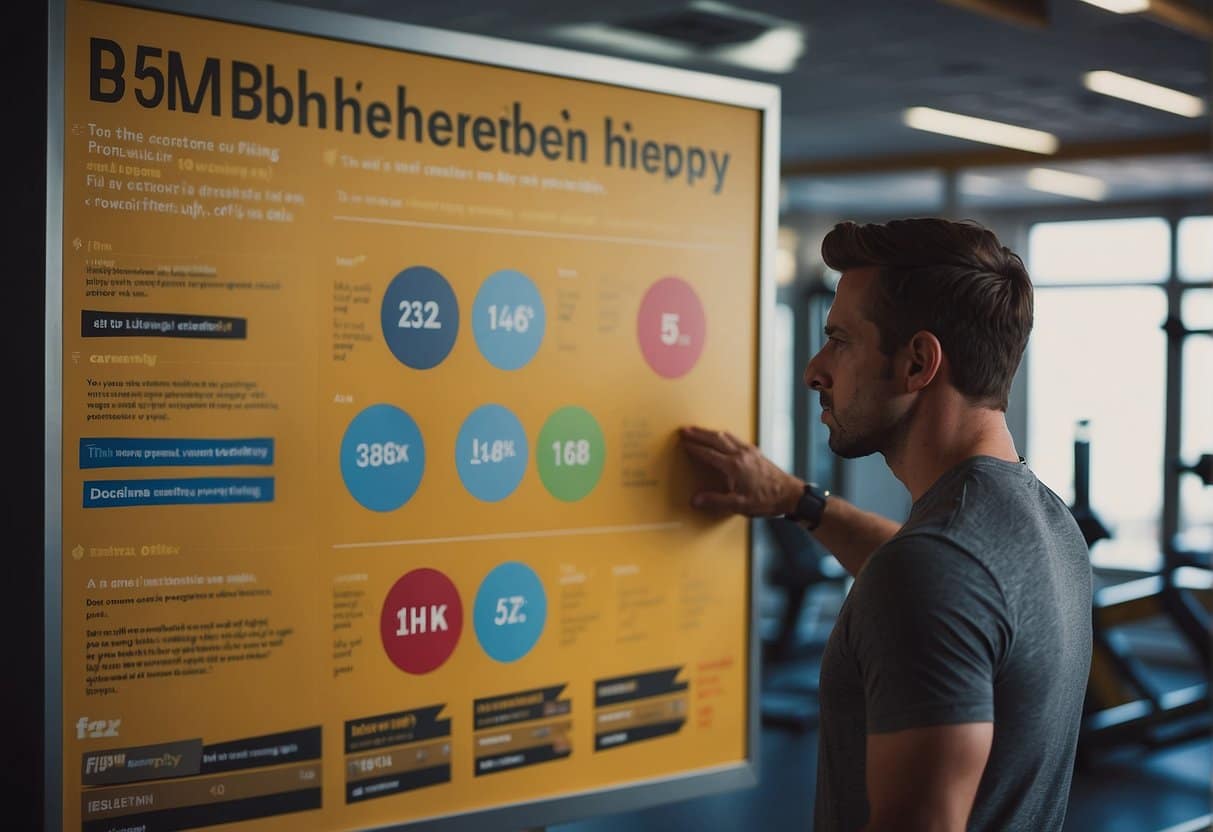 A person standing in front of a gym, looking at a sign listing six factors to consider before purchasing a membership. The person is deep in thought, pondering their fitness goals