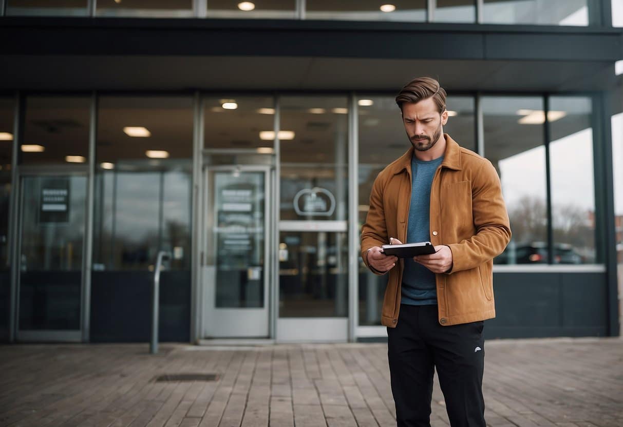 A person stands outside a gym, pondering over a checklist of 6 things to consider before buying a membership. The gym's exterior and surrounding area are visible, with signage and potential amenities
