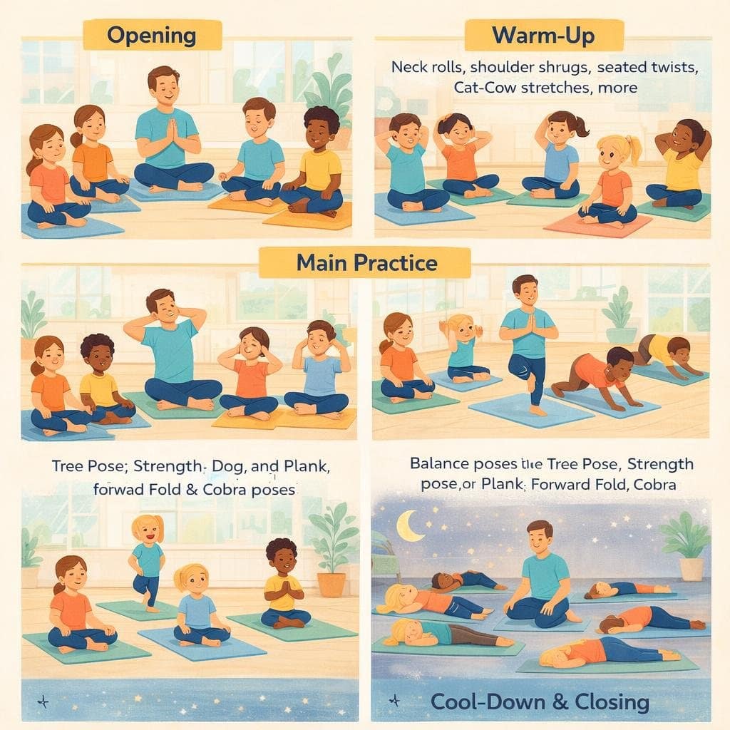 Children practicing yoga in various poses in a classroom.
