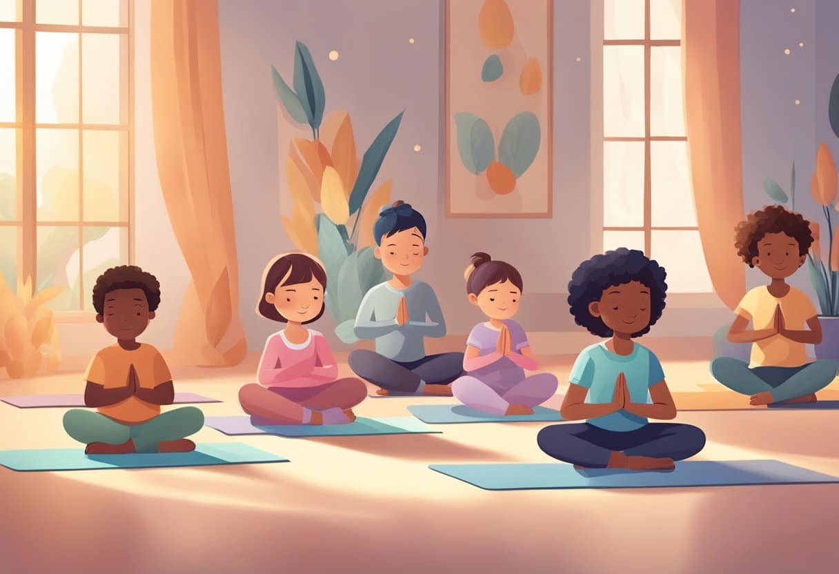 Group meditating in serene environment.