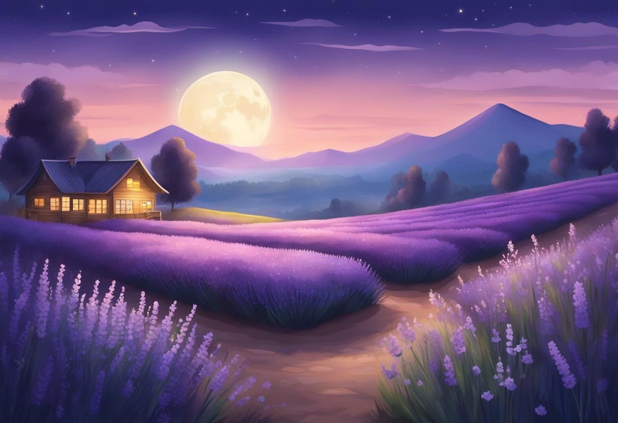 A serene moonlit landscape with a variety of sleep-inducing elements from different cultures, such as lavender fields, calming tea, and cozy blankets
