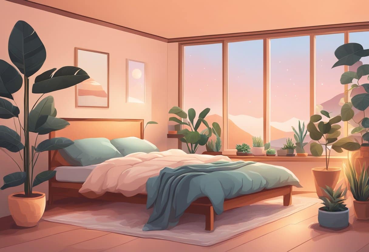 A cozy bedroom with soft lighting, plants, and calming colors. A Japanese futon on the floor, a Himalayan salt lamp, and a Swedish sleep mask