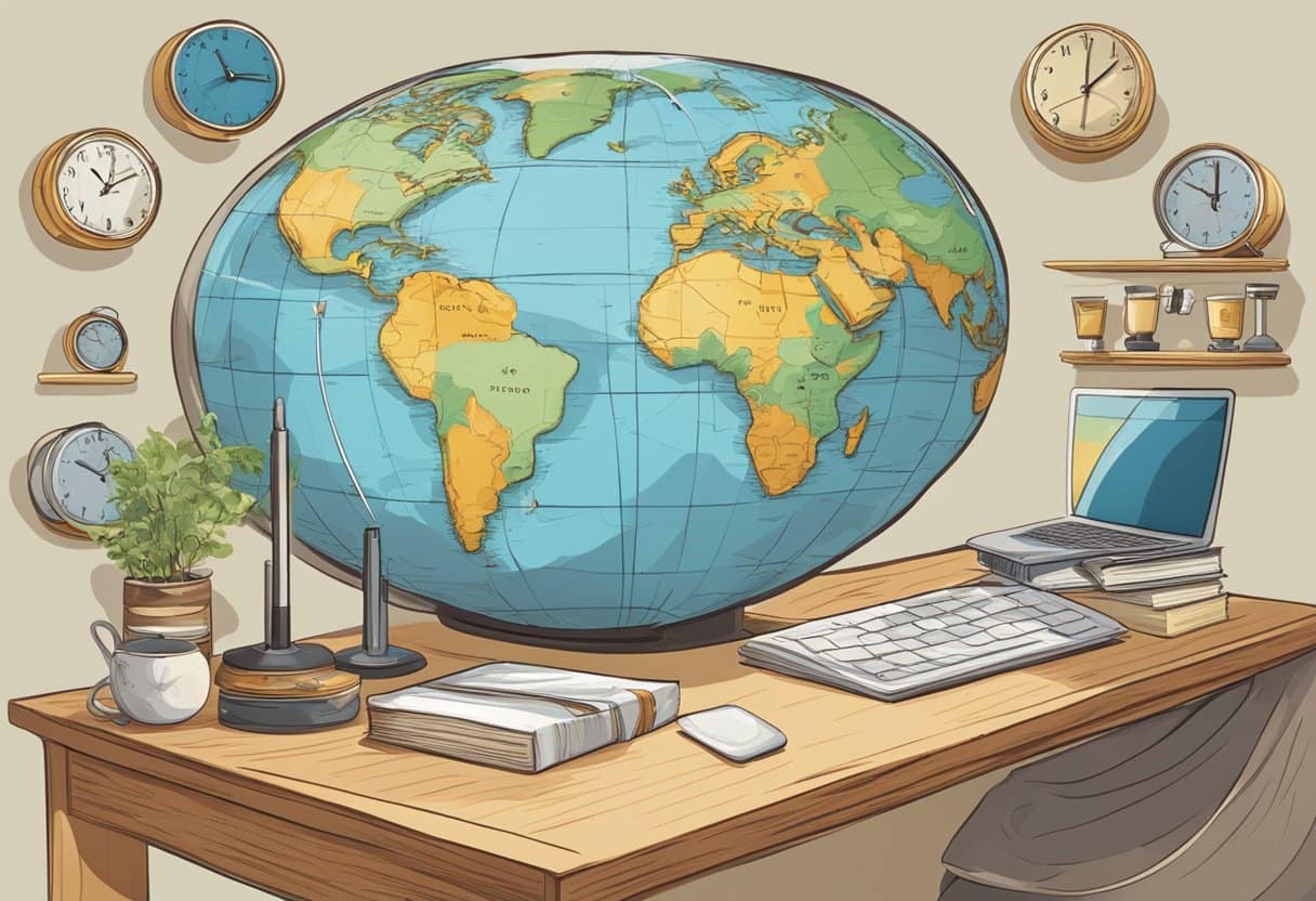 A desk with a globe, showing different time zones. A clock set to different times. A bed with various sleep aids from different cultures
