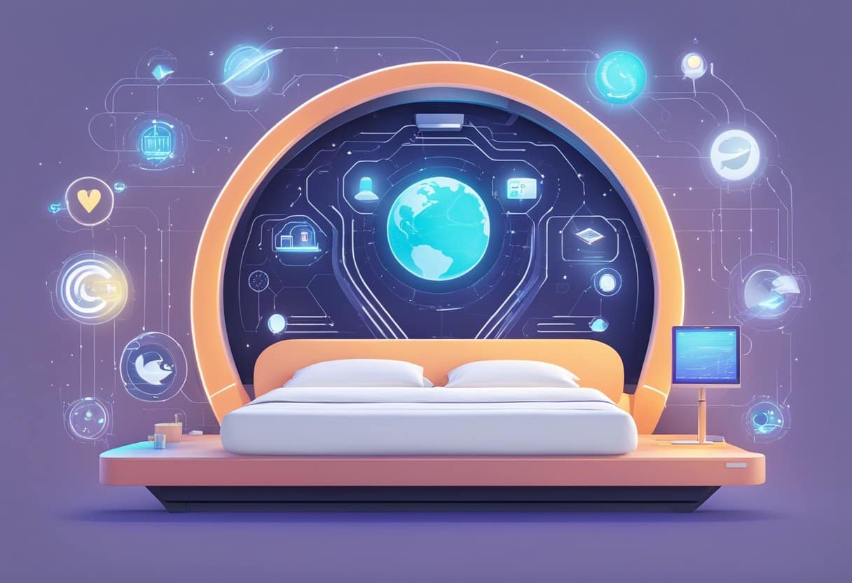 A futuristic bed with built-in sleep technology, surrounded by global sleep hack symbols and icons