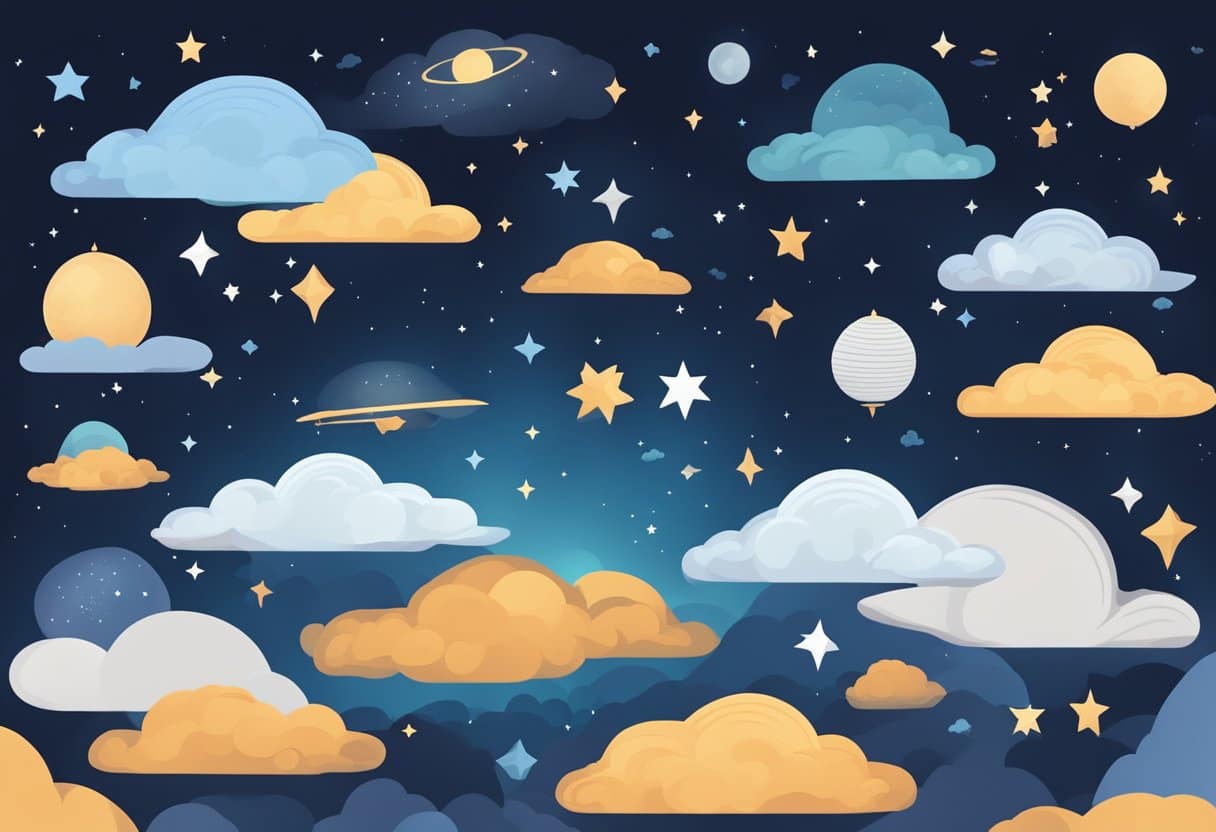 A serene night sky with various cultural symbols floating above, representing different sleep hacks from around the world