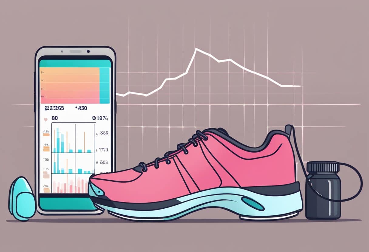 A heart rate monitor displayed next to a water bottle and running shoes, with a graph showing fluctuating heart rate levels during exercise
