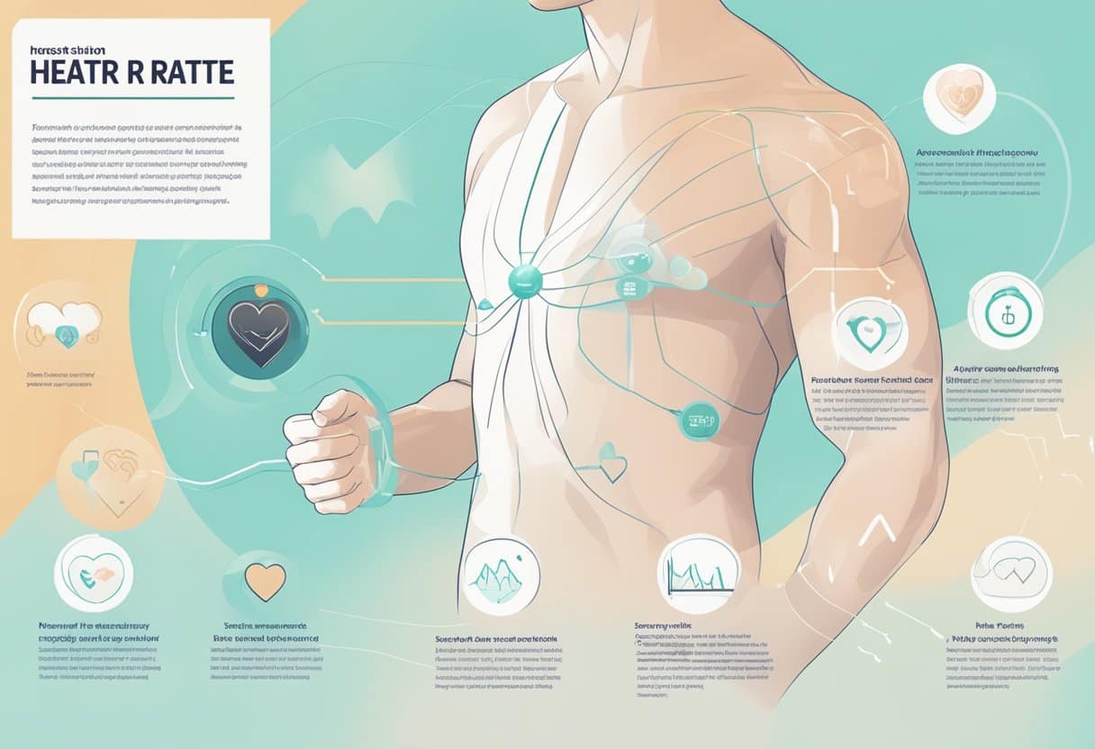 A person wearing a heart rate monitor while exercising, with a visible display showing their heart rate and various benefits listed around them