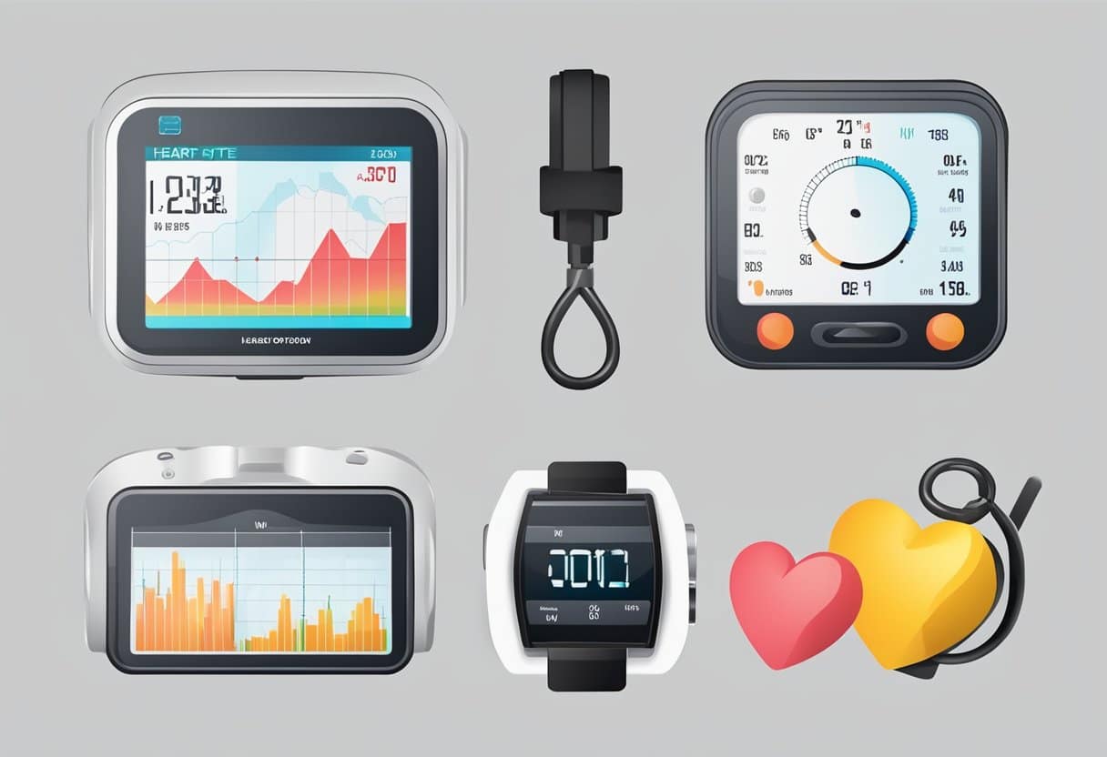 Various heart rate monitors displayed with exercise equipment. Illustrate different types and benefits of using a heart rate monitor
