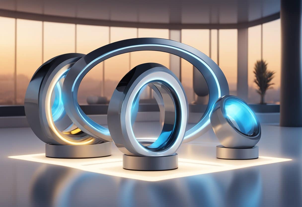 Several sleek smart rings displayed on a futuristic, illuminated pedestal. Each ring features advanced technology and stylish design