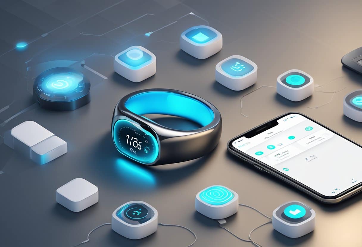 A smart ring glowing with a soft blue light, displaying notifications and health data, surrounded by other high-tech accessories