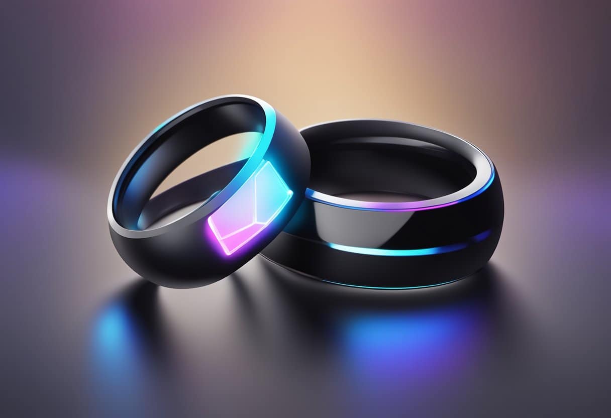A sleek, futuristic smart ring with minimalist design and vibrant LED display, emitting a soft glow against a dark, high-tech backdrop