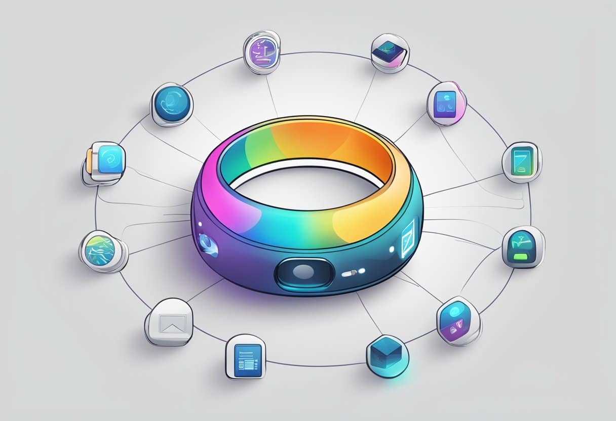 A smart ring surrounded by various app icons, with lines connecting to show connectivity and interaction