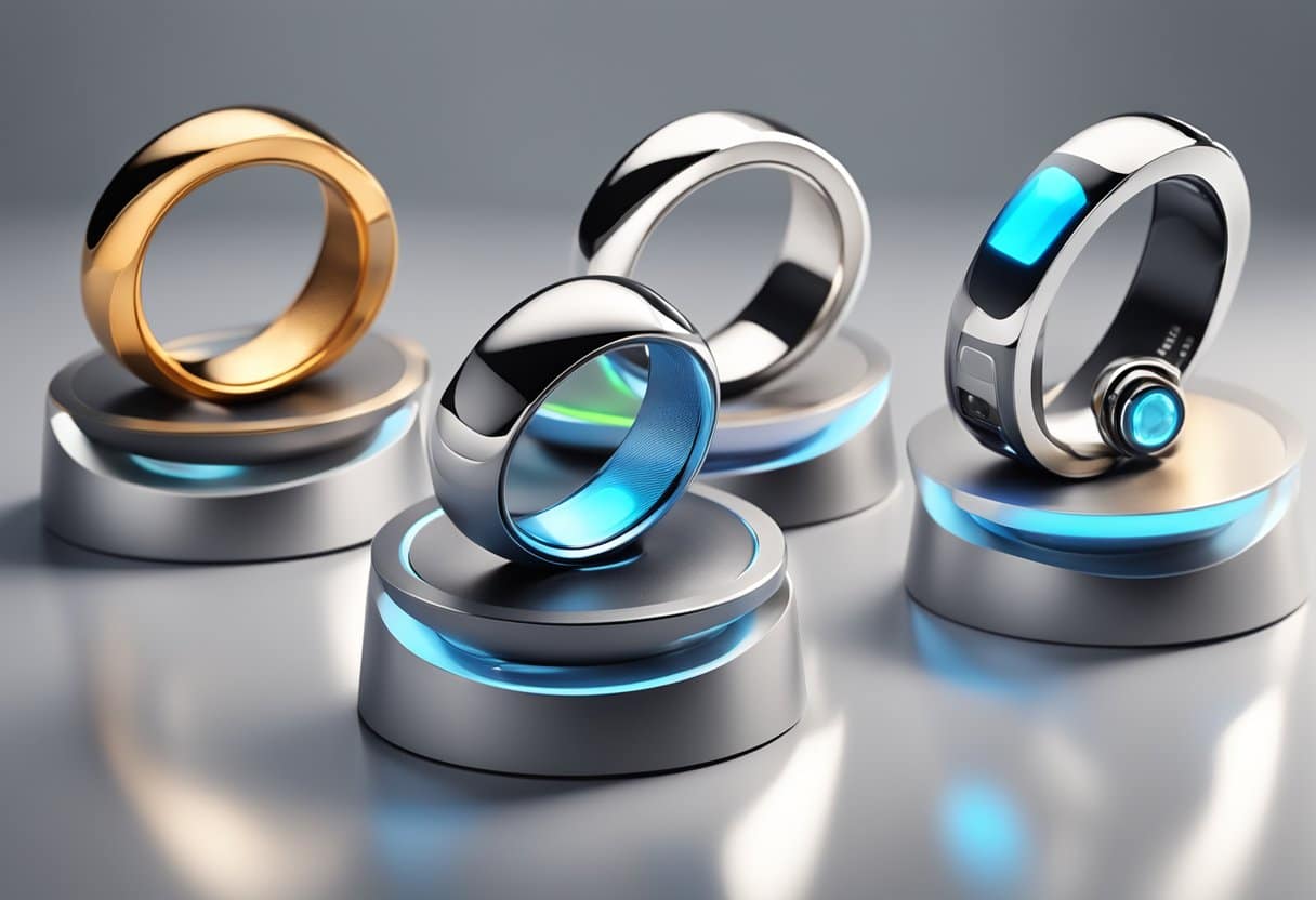 Several sleek smart ring models arranged on a display stand, with futuristic designs and advanced technology features
