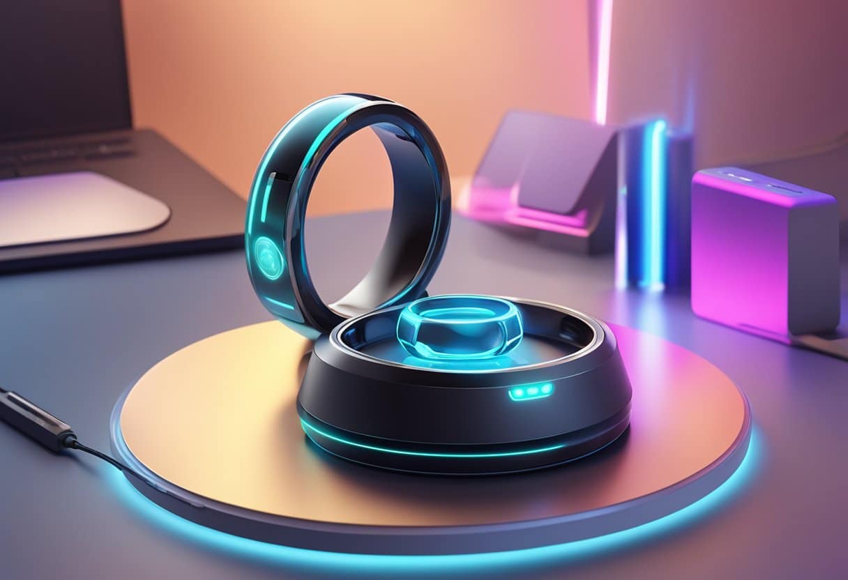 A sleek, futuristic smart ring rests on a charging dock, surrounded by holographic displays and advanced tech gadgets