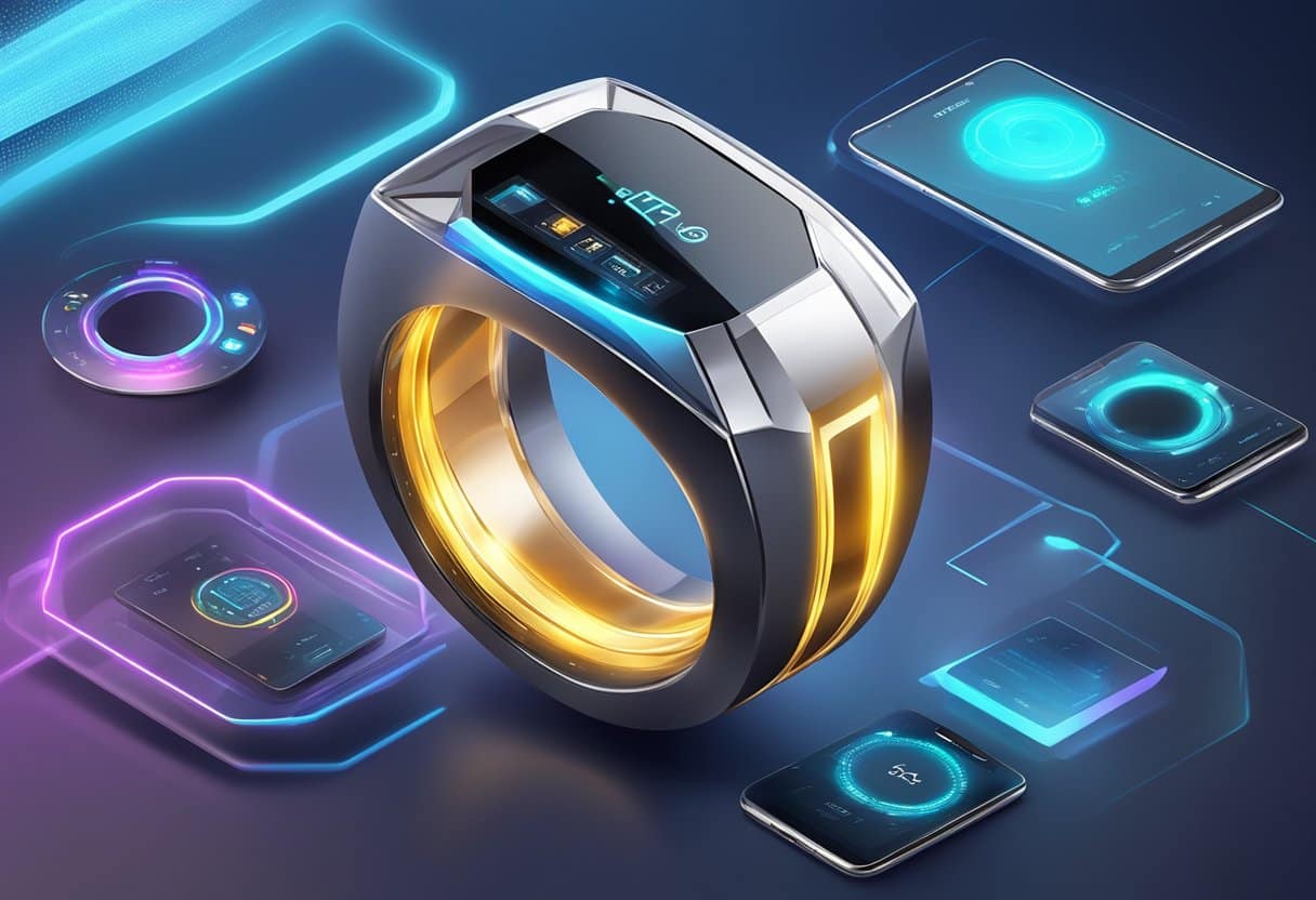 A smart ring glowing with futuristic technology, surrounded by digital displays and sleek design elements