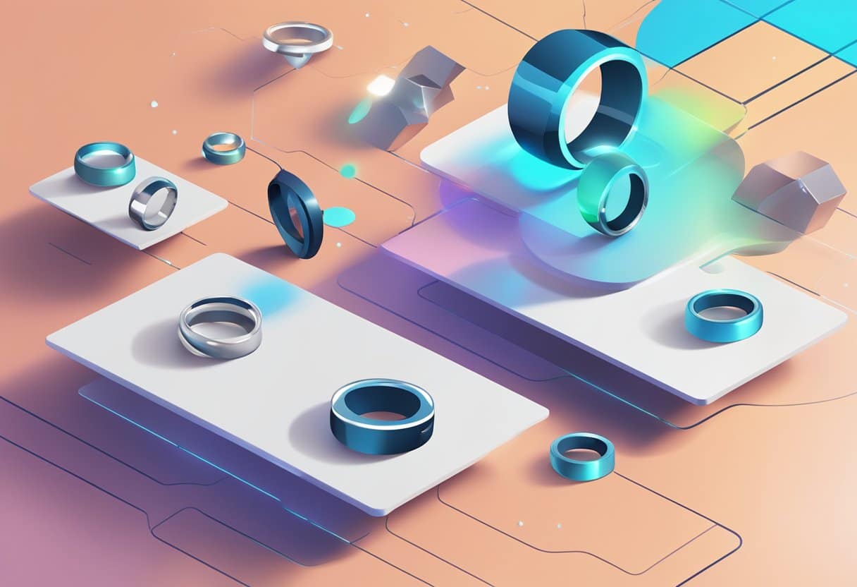 A table with various smart rings displayed, surrounded by question marks and a futuristic backdrop