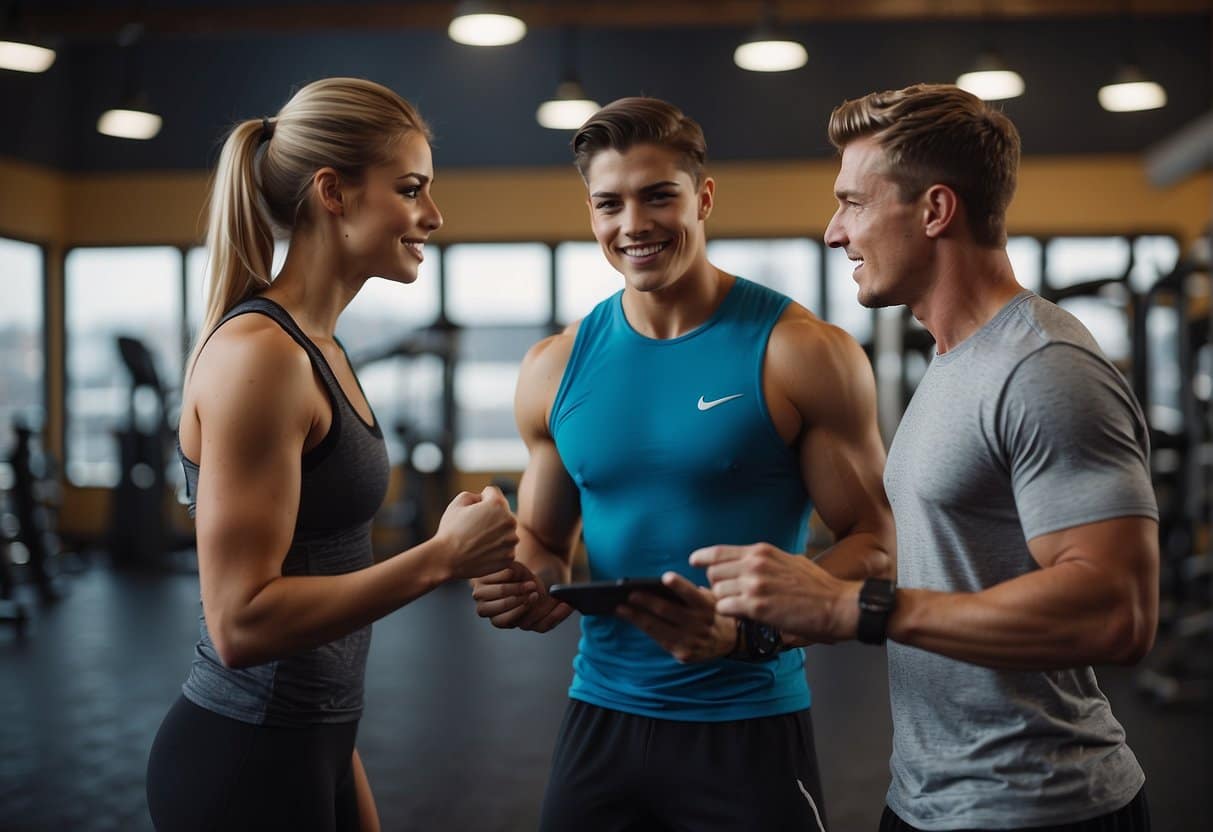 A teenager and a personal trainer discussing fitness goals in a gym setting