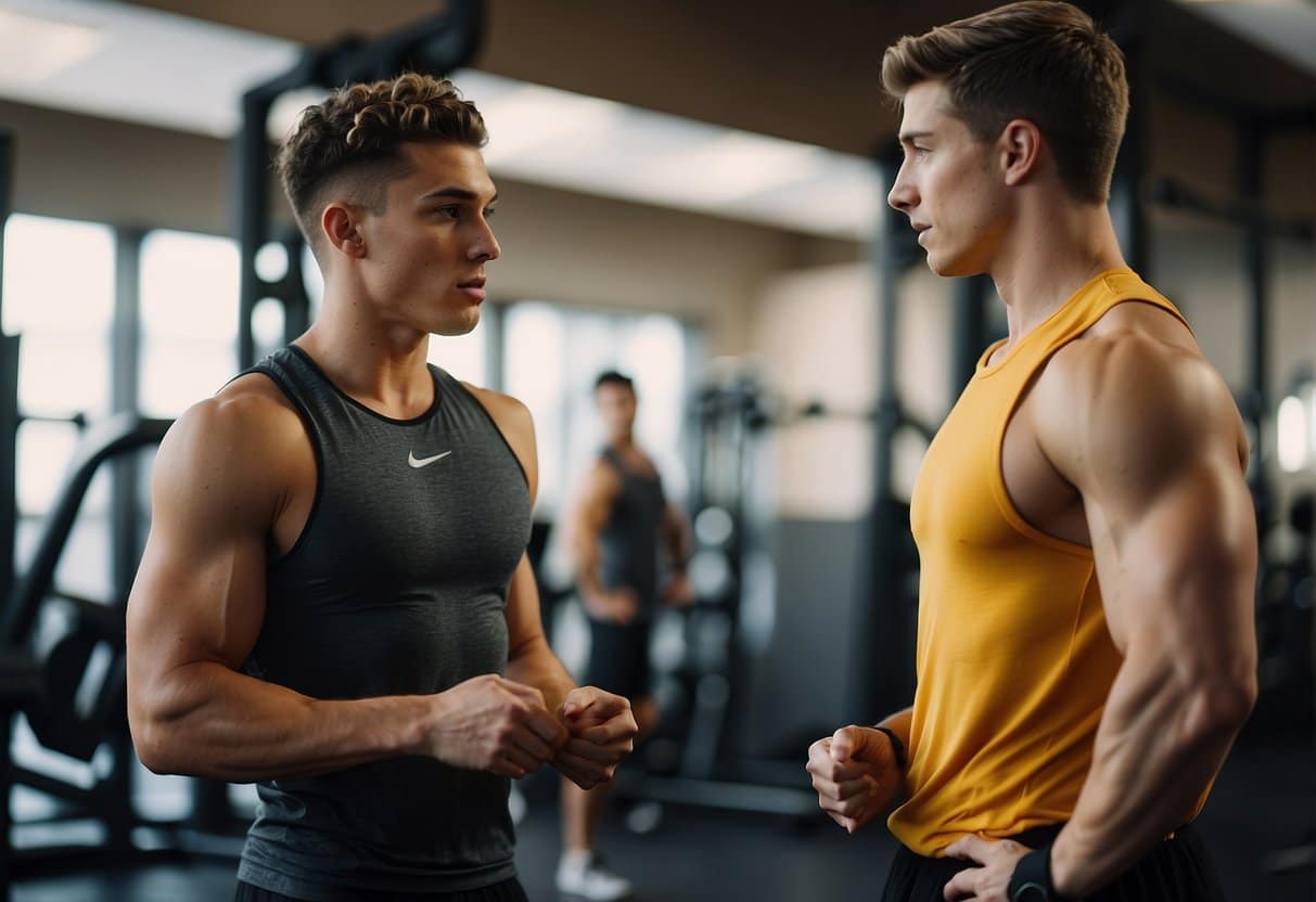 A teenager meets with a personal trainer in a gym, discussing session structure and time commitment. The trainer explains the process and sets expectations for the training program