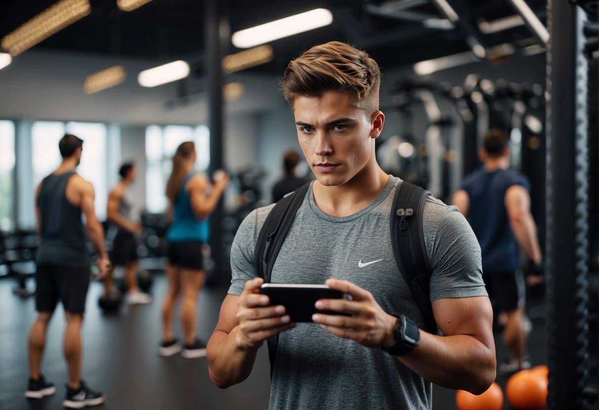 A teenager using a smartphone to search for a personal trainer on social media, with various fitness and technology-related icons in the background