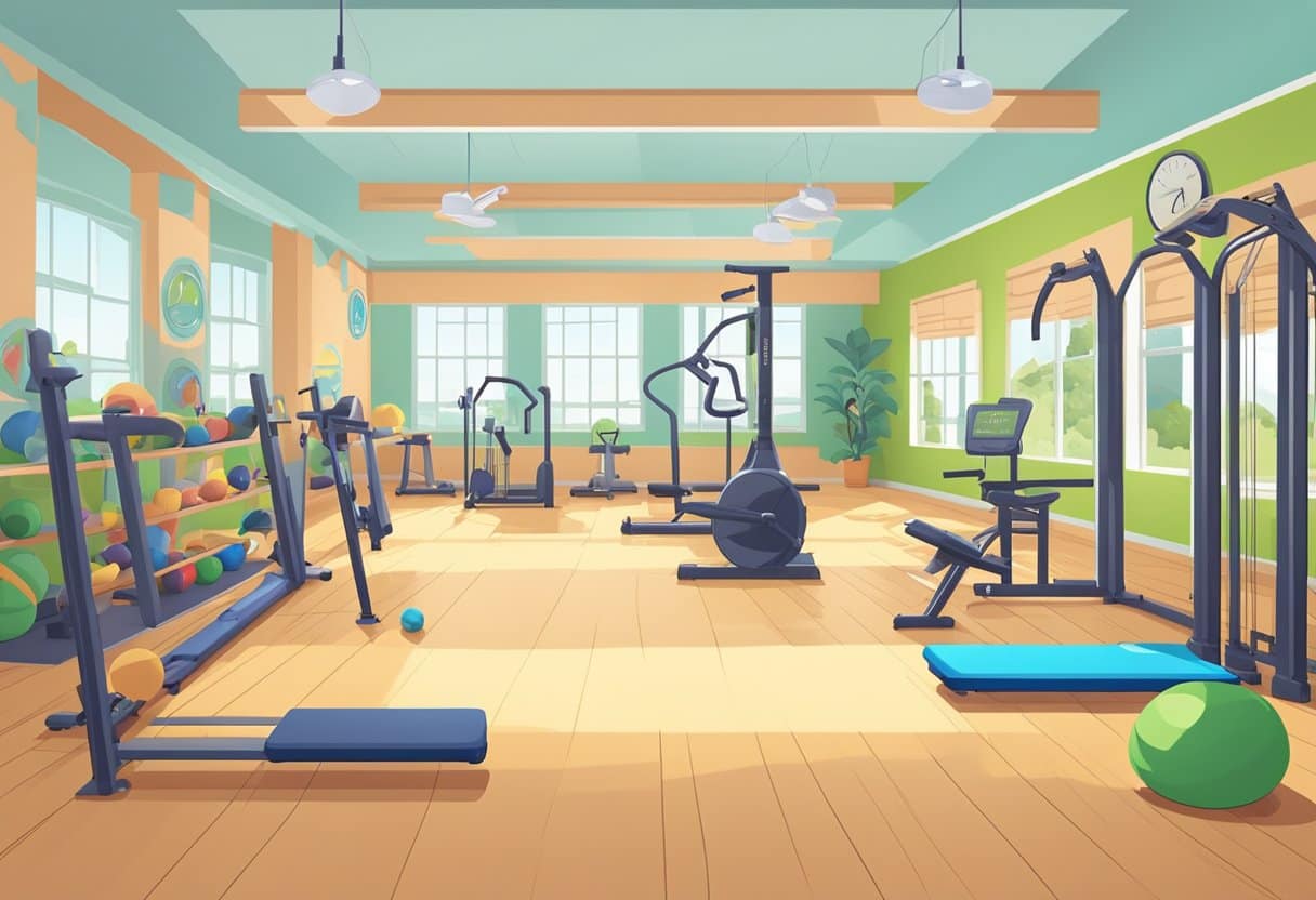Children's workout equipment neatly arranged in a bright, spacious room with motivational posters on the walls