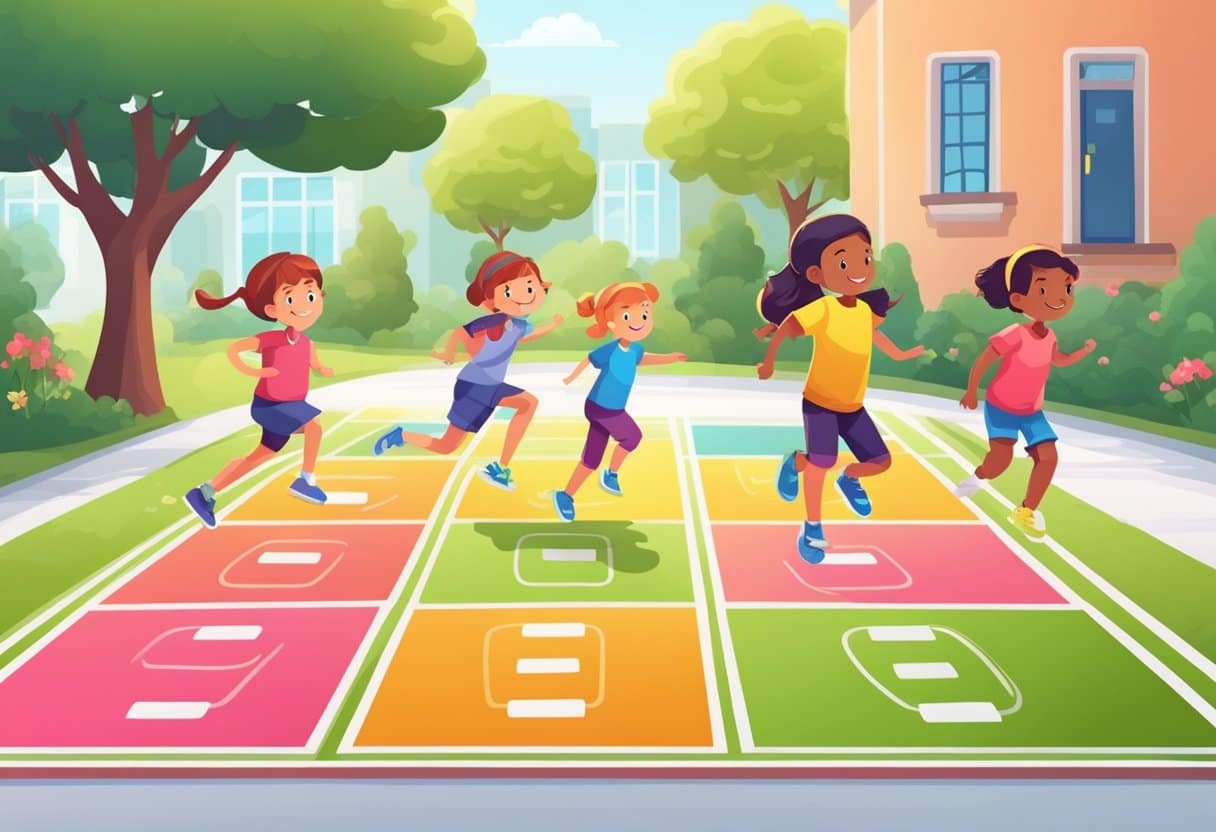 Children playing games like hopscotch and jumping rope while exercising outdoors. Fun and active fitness activities promote discipline and focus