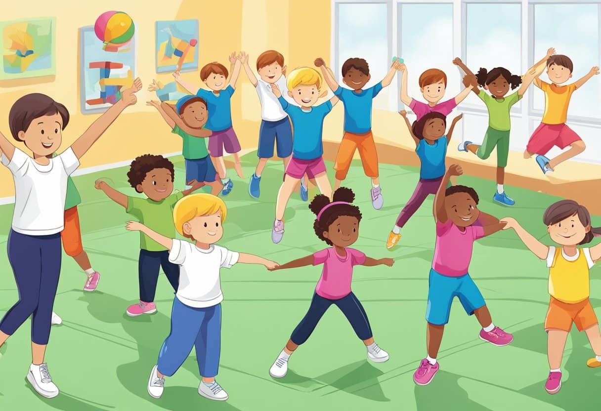 Children follow a structured exercise routine, focusing on discipline and concentration. They engage in various workouts, such as jumping jacks and stretching, to develop healthy habits