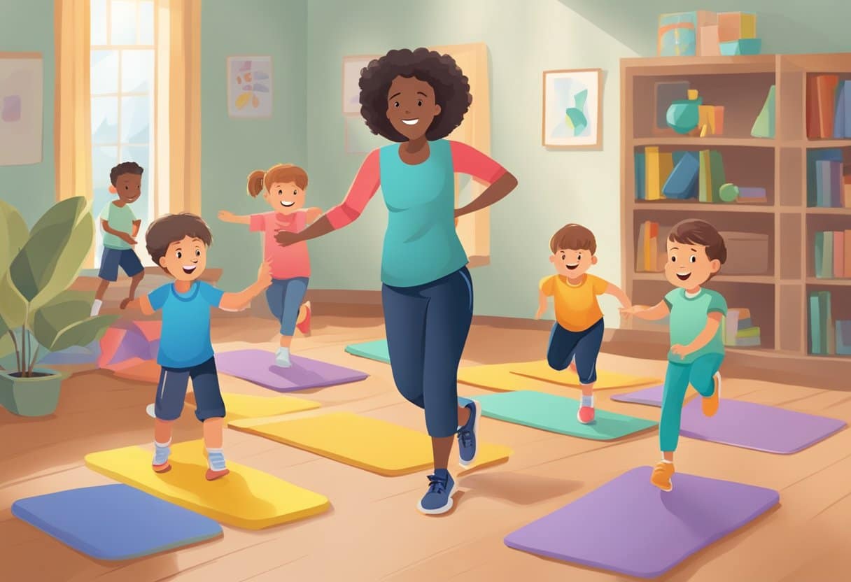 Children following a structured routine, engaging in physical activities with focus and discipline, guided by a supportive parent