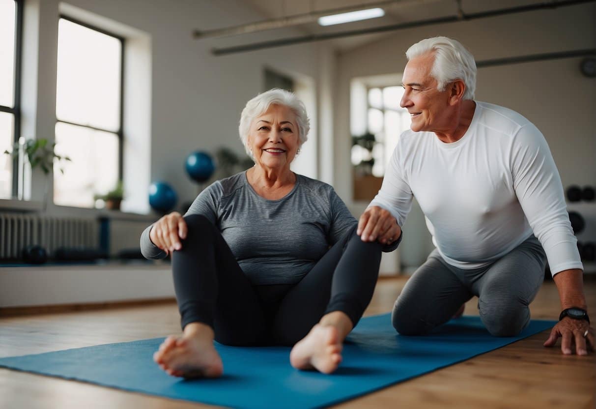 A senior client engaging in light exercise with a personal trainer, focusing on balance and flexibility. The trainer demonstrates patience and understanding