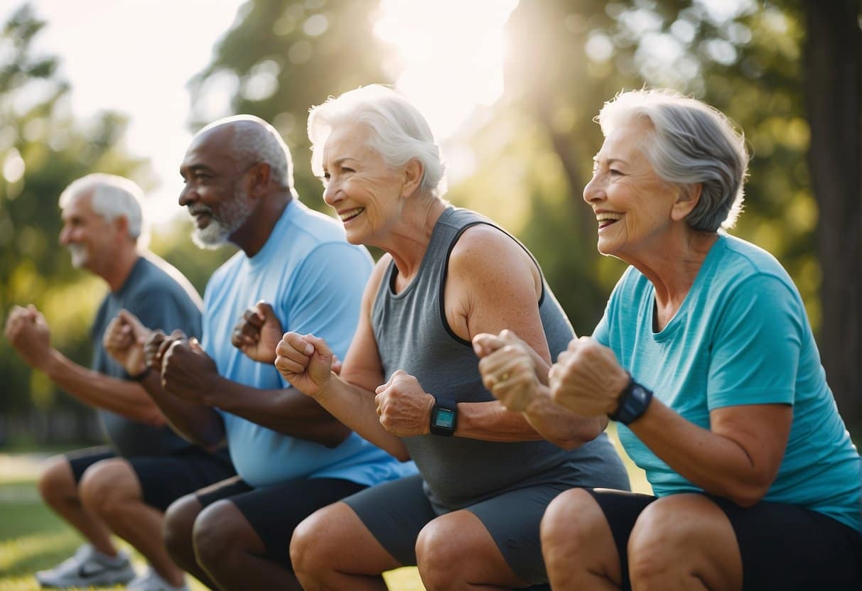 A group of seniors engage in various exercises under the guidance of a personal trainer. The trainer demonstrates patience, empathy, and adaptability to cater to the unique needs of each individual