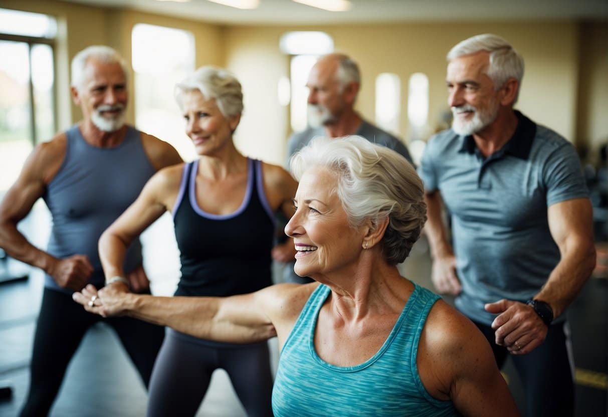 A group of seniors engage in a variety of exercises under the guidance of experienced and knowledgeable personal trainers. The trainers demonstrate patience, empathy, and a deep understanding of senior fitness