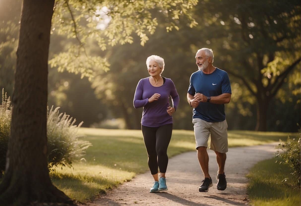 A senior exercising in a peaceful, natural setting with a supportive personal trainer guiding them through gentle movements and providing encouragement