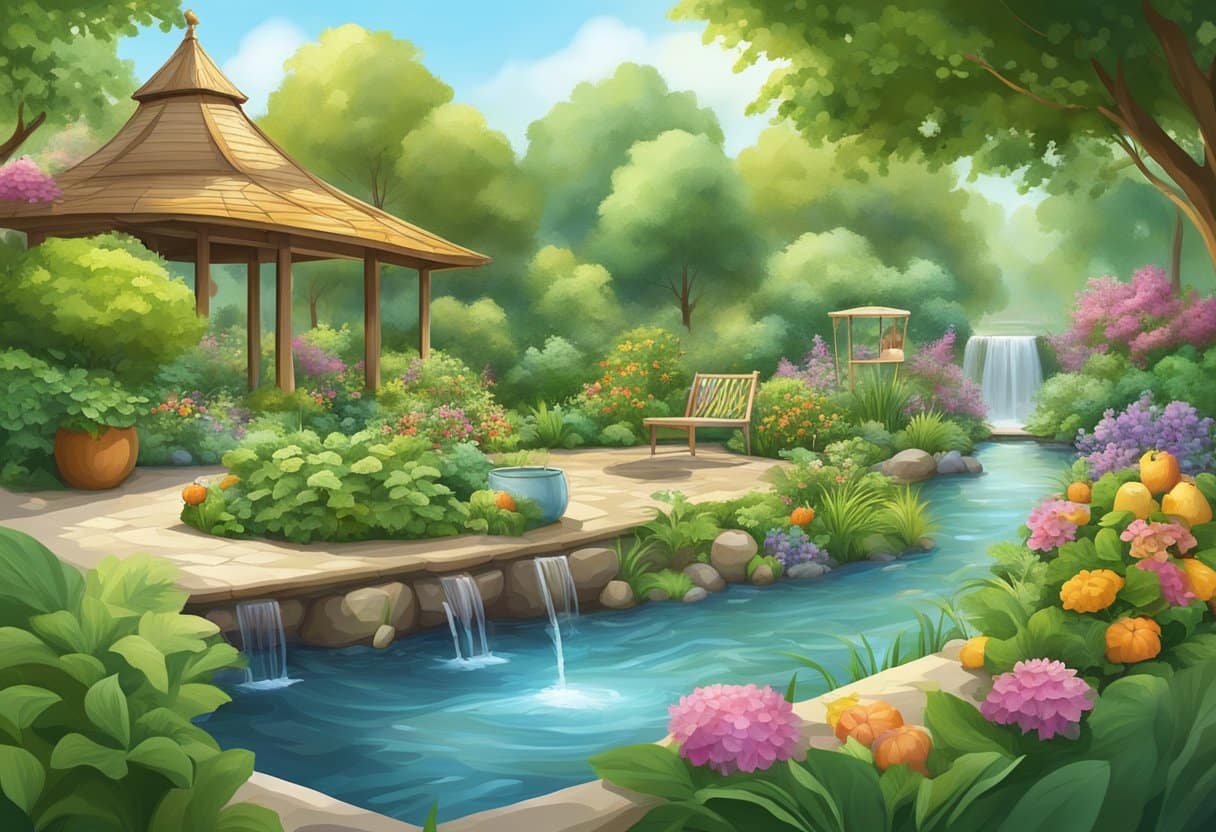 A serene garden with lush greenery, a flowing stream, and a peaceful atmosphere, surrounded by symbols of healthy living like fruits, vegetables, and exercise equipment