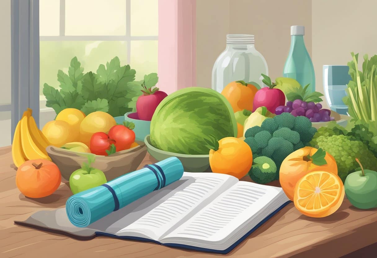 A table with a variety of colorful fruits and vegetables, a glass of water, a pair of running shoes, a yoga mat, and a book on healthy living