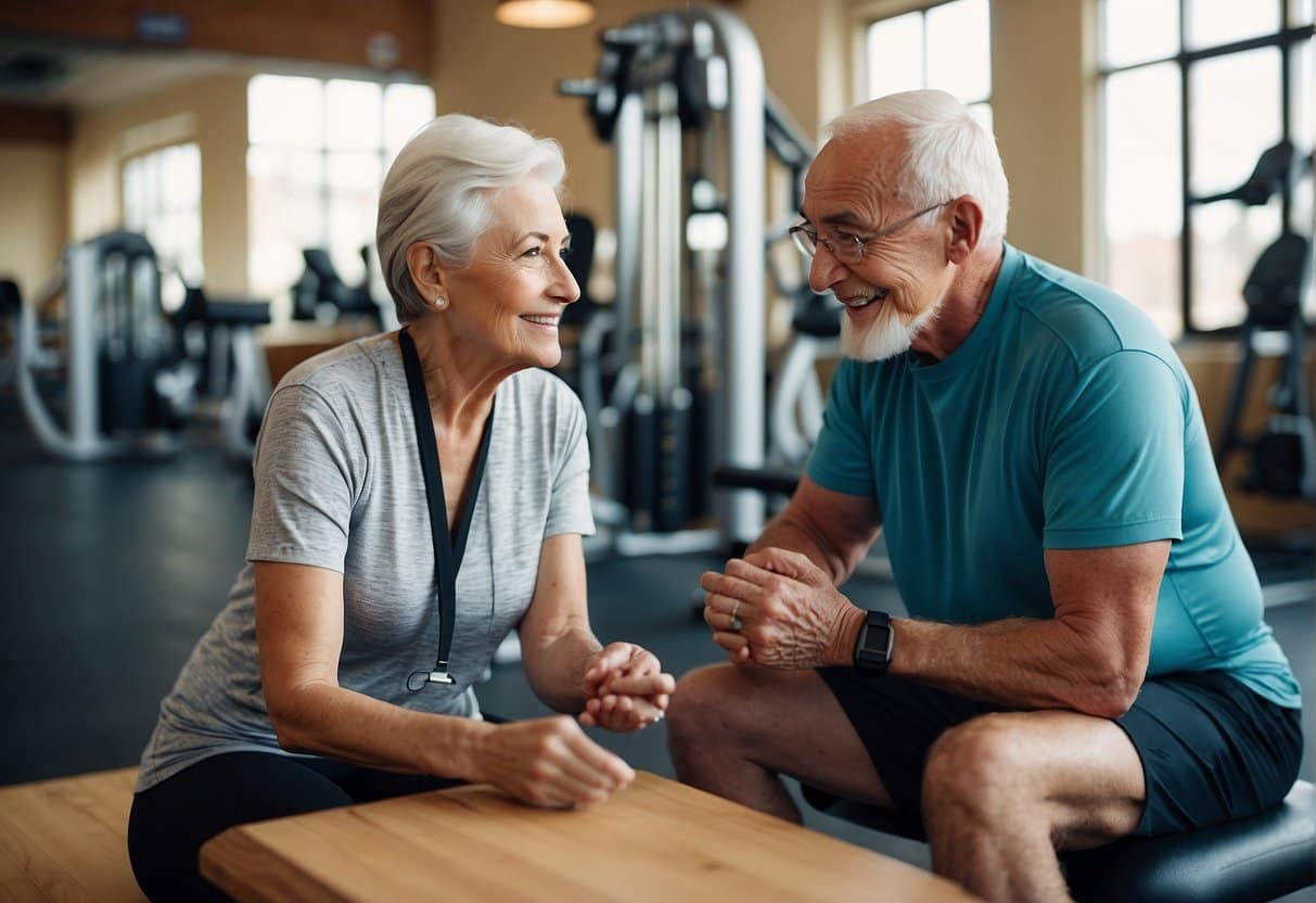An elderly person sitting with a personal trainer, discussing exercise plans and goals in a bright, spacious gym setting