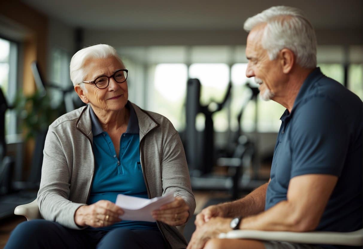 An elderly person sitting in a comfortable chair, discussing fitness goals with a personal trainer. The trainer listens attentively and takes notes