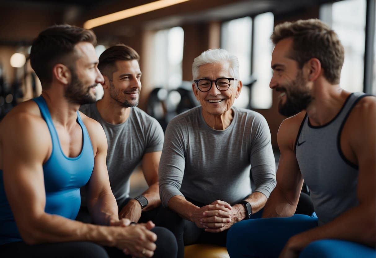 An elderly person sits in a cozy gym, surrounded by various personal trainers. They are engaged in conversation, discussing fitness goals and potential training plans
