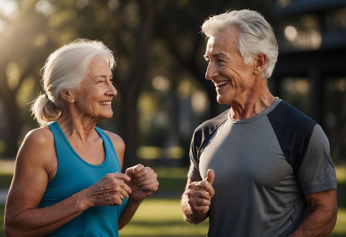 An elderly person and a personal trainer discussing exercise options for health conditions