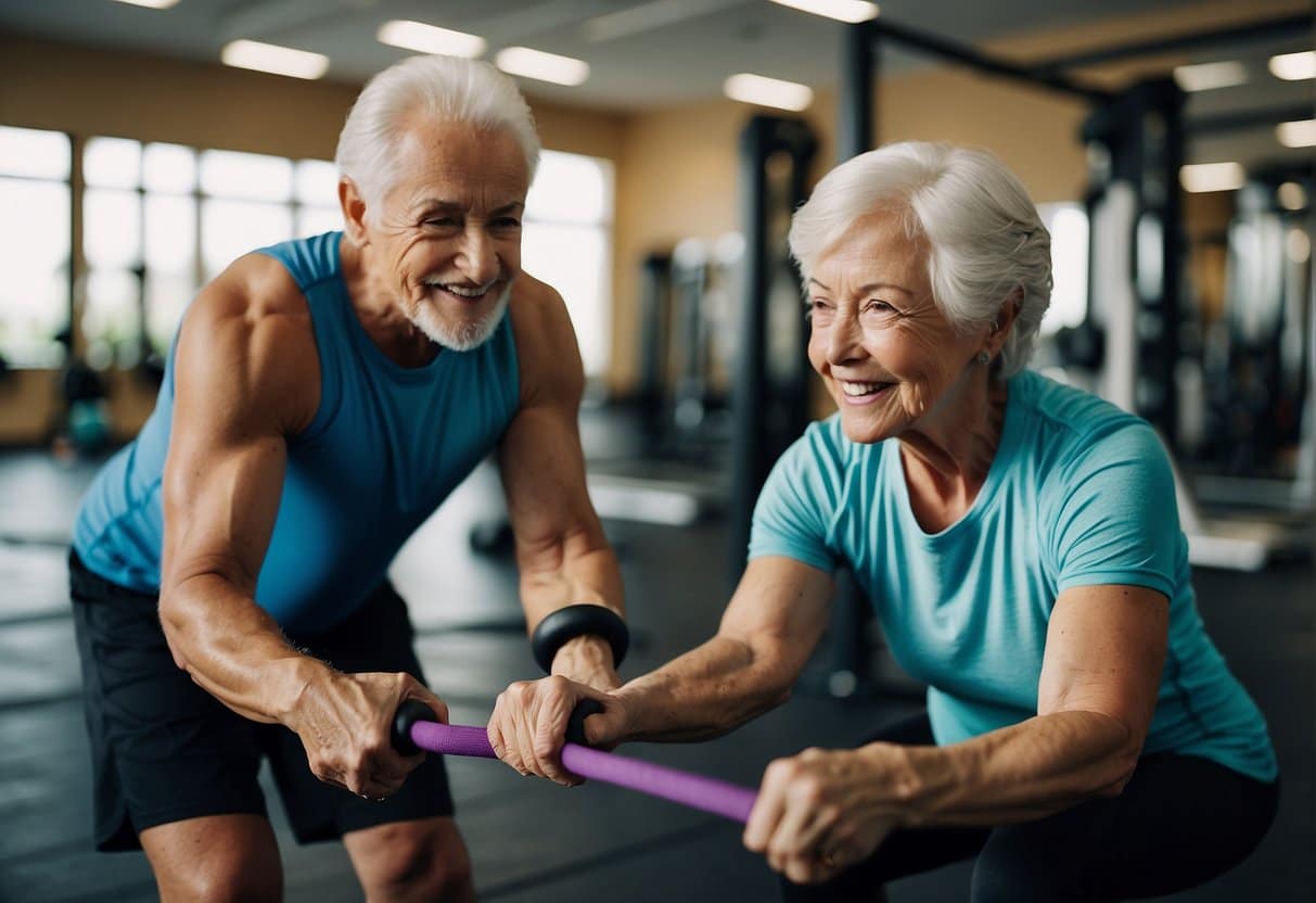 An elderly person working with a personal trainer, using resistance bands and weights to exercise in a bright, spacious gym