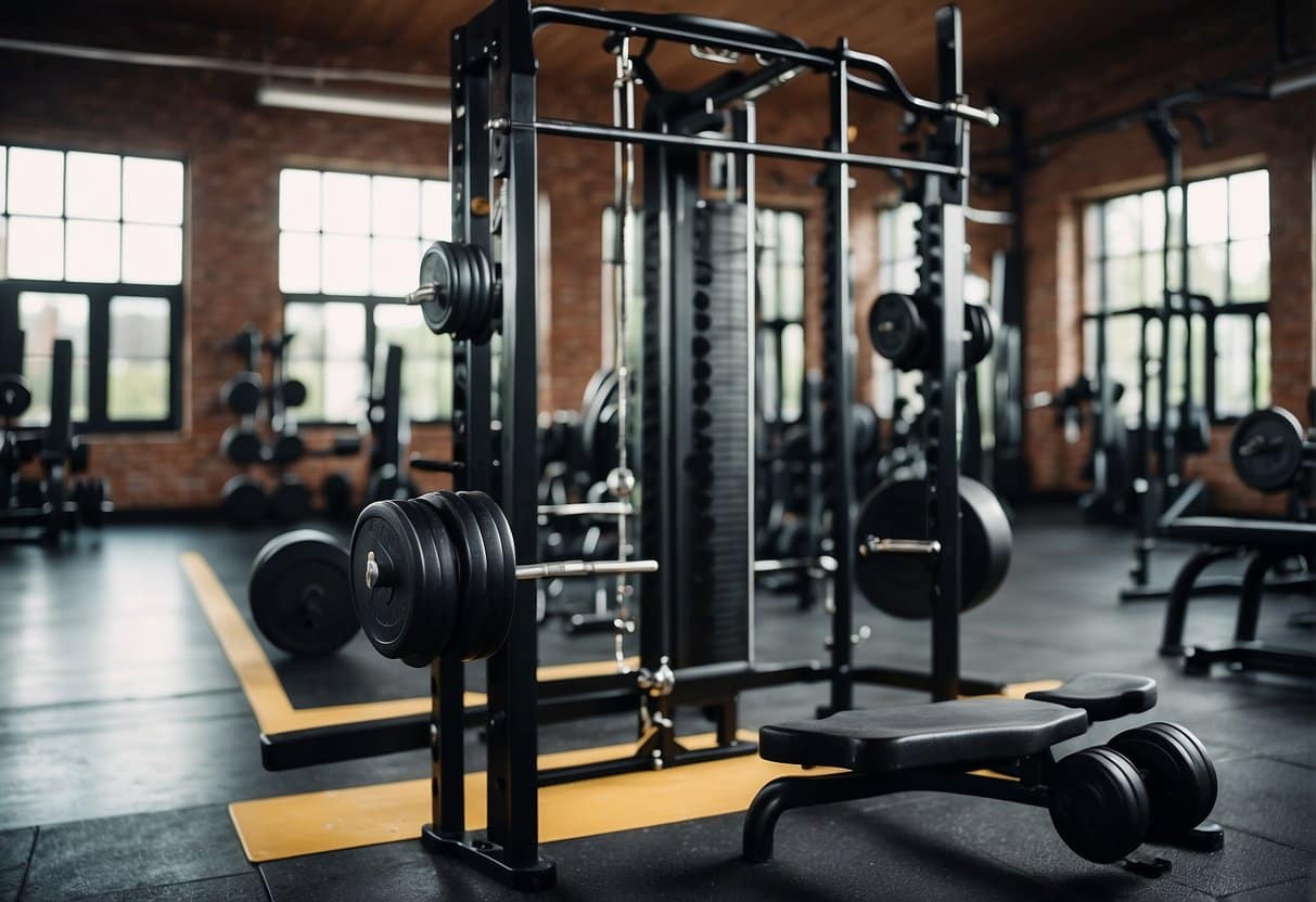 A weight rack and exercise bench sit in a well-lit gym. Dumbbells and resistance bands are neatly organized nearby